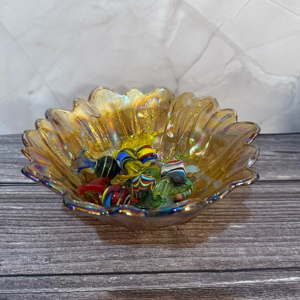 Vintage Indiana Glass Co. Amber Marigold Carnival Bowl with 7 Murano glass candy